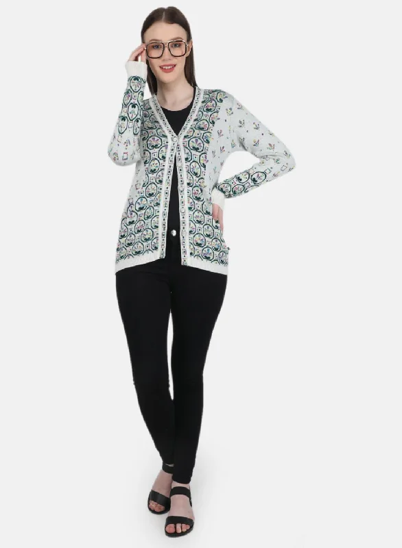 Women White & Green Self Design Cardigan