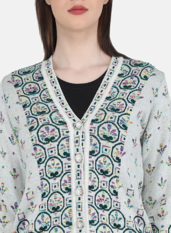 Women White & Green Self Design Cardigan