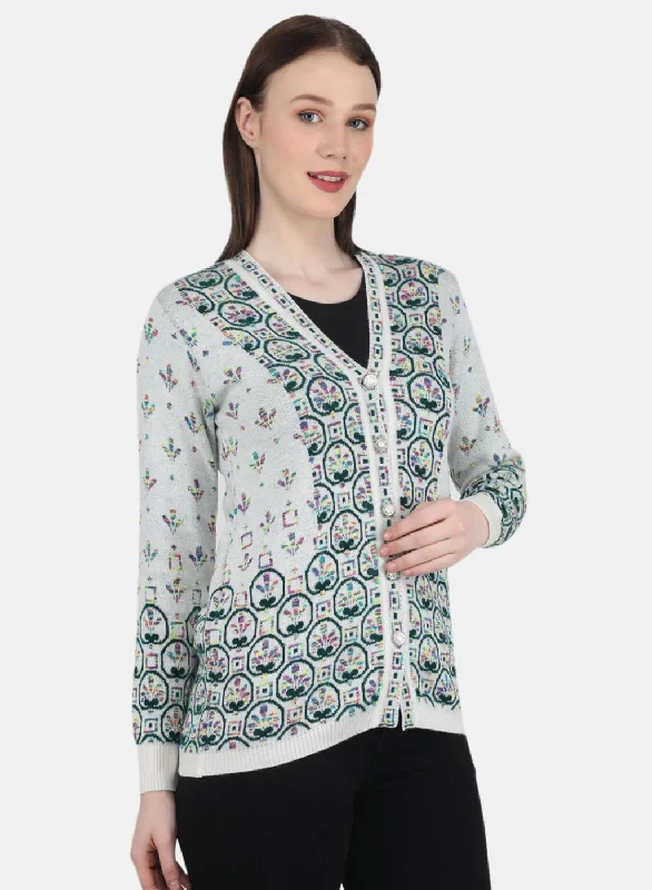 Women White & Green Self Design Cardigan