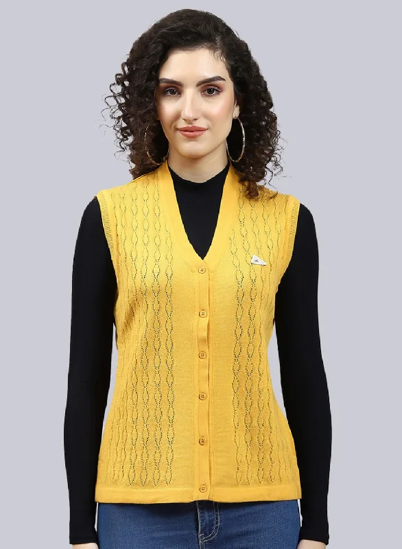 Women Yellow Self Design Wool blend Cardigan