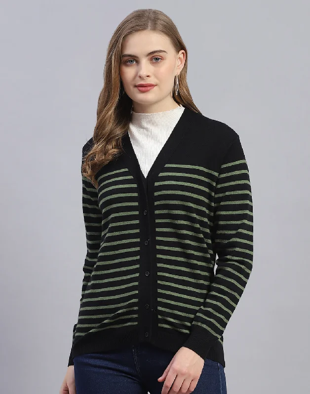 Women Black Stripe V Neck Full Sleeve Cardigan