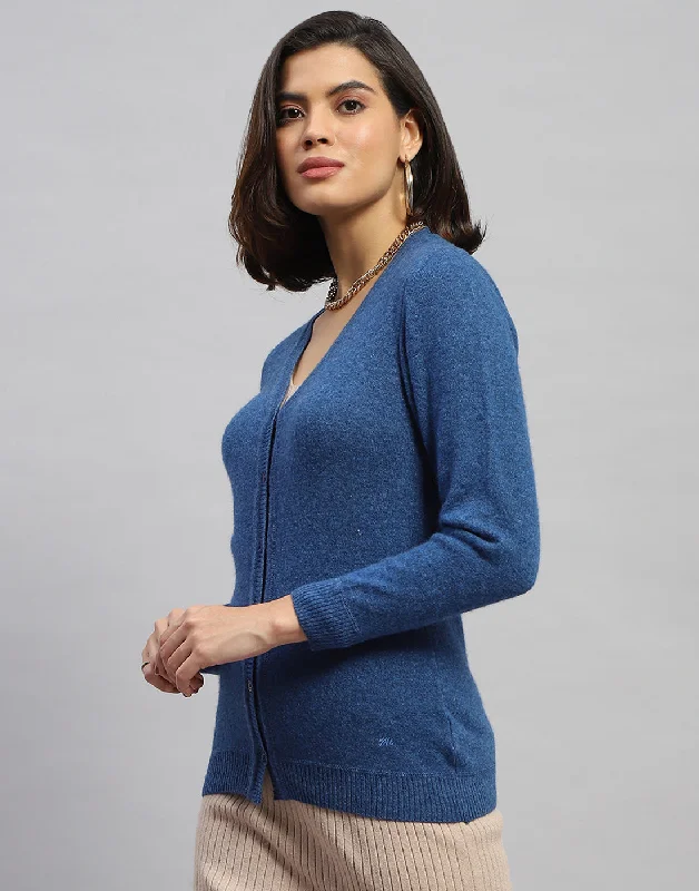 Women Blue Solid V Neck Full Sleeve Cardigan