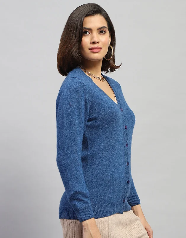 Women Blue Solid V Neck Full Sleeve Cardigan