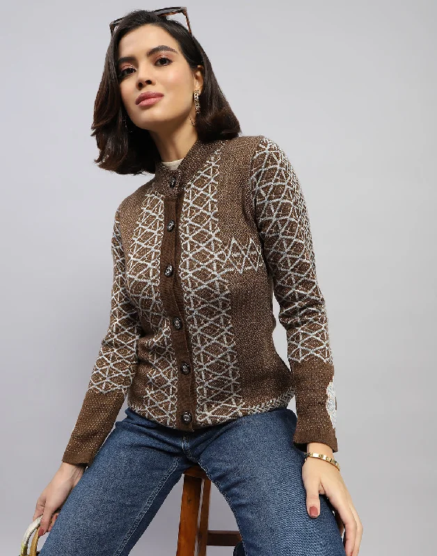 Women Brown Jaquard Round Neck Full Sleeve Cardigan