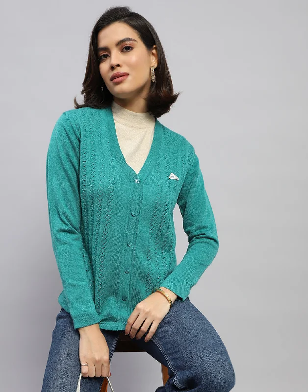 Women Green Self Design V Neck Full Sleeve Cardigan