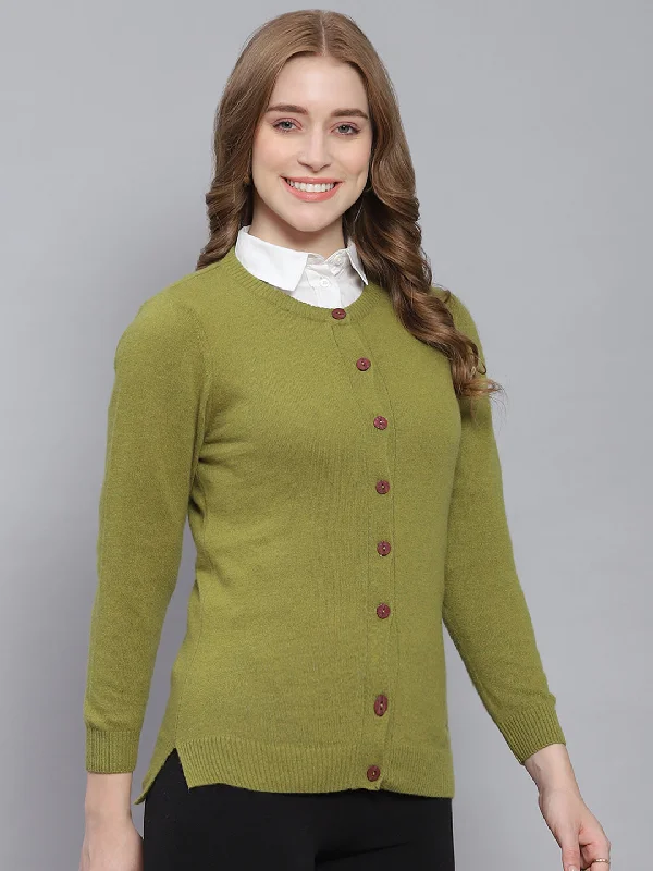 Women Green Solid Round Neck Full Sleeve Cardigans