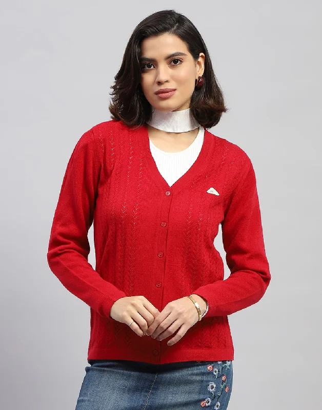 Women Red Self Design V Neck Full Sleeve Cardigan