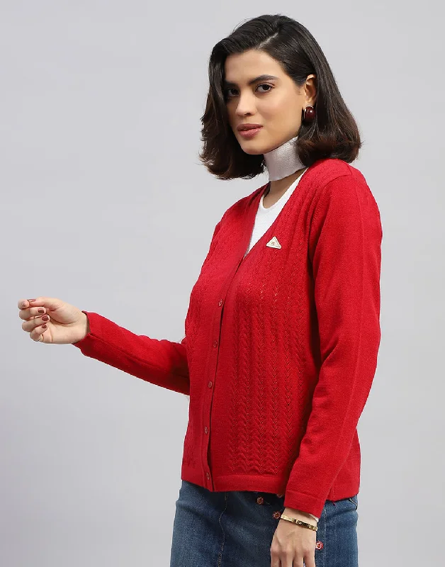 Women Red Self Design V Neck Full Sleeve Cardigan